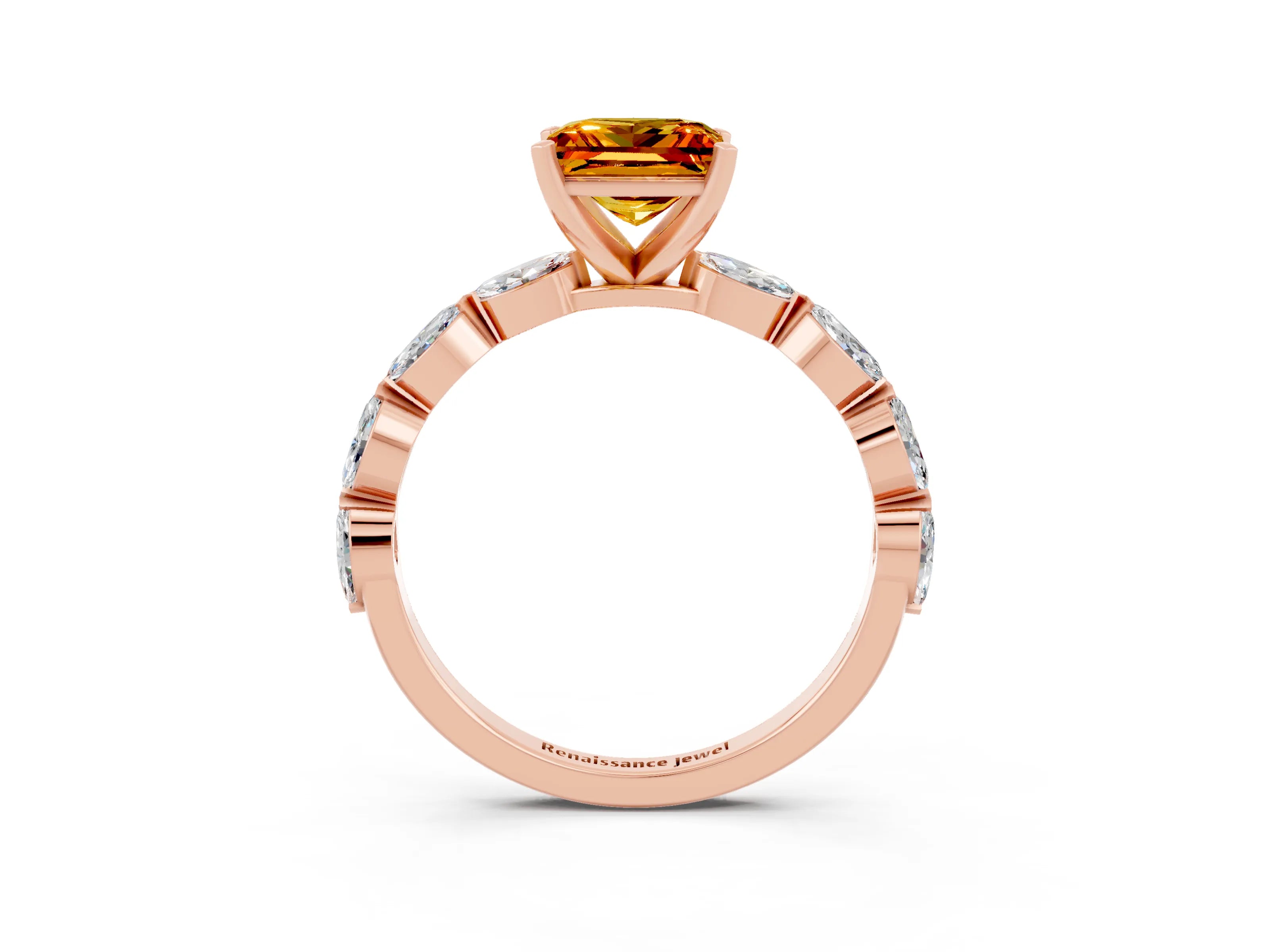 Rose gold Princess Cut Citrine Ring with Marquise Side Stones and Prong Setting_3