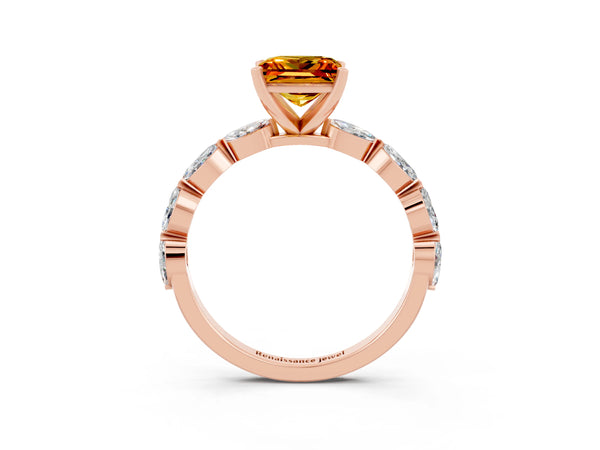 Rose gold Princess Cut Citrine Ring with Marquise Side Stones and Prong Setting