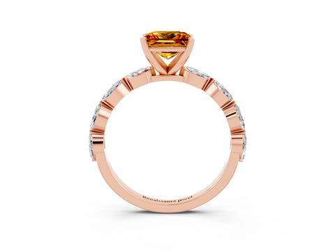 Rose gold Princess Cut Citrine Ring with Marquise Side Stones and Prong Setting_3