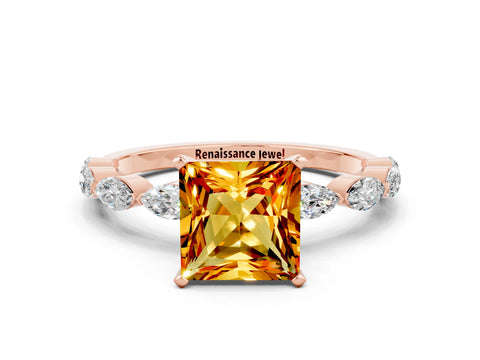 Rose gold Princess Cut Citrine Ring with Marquise Side Stones and Prong Setting