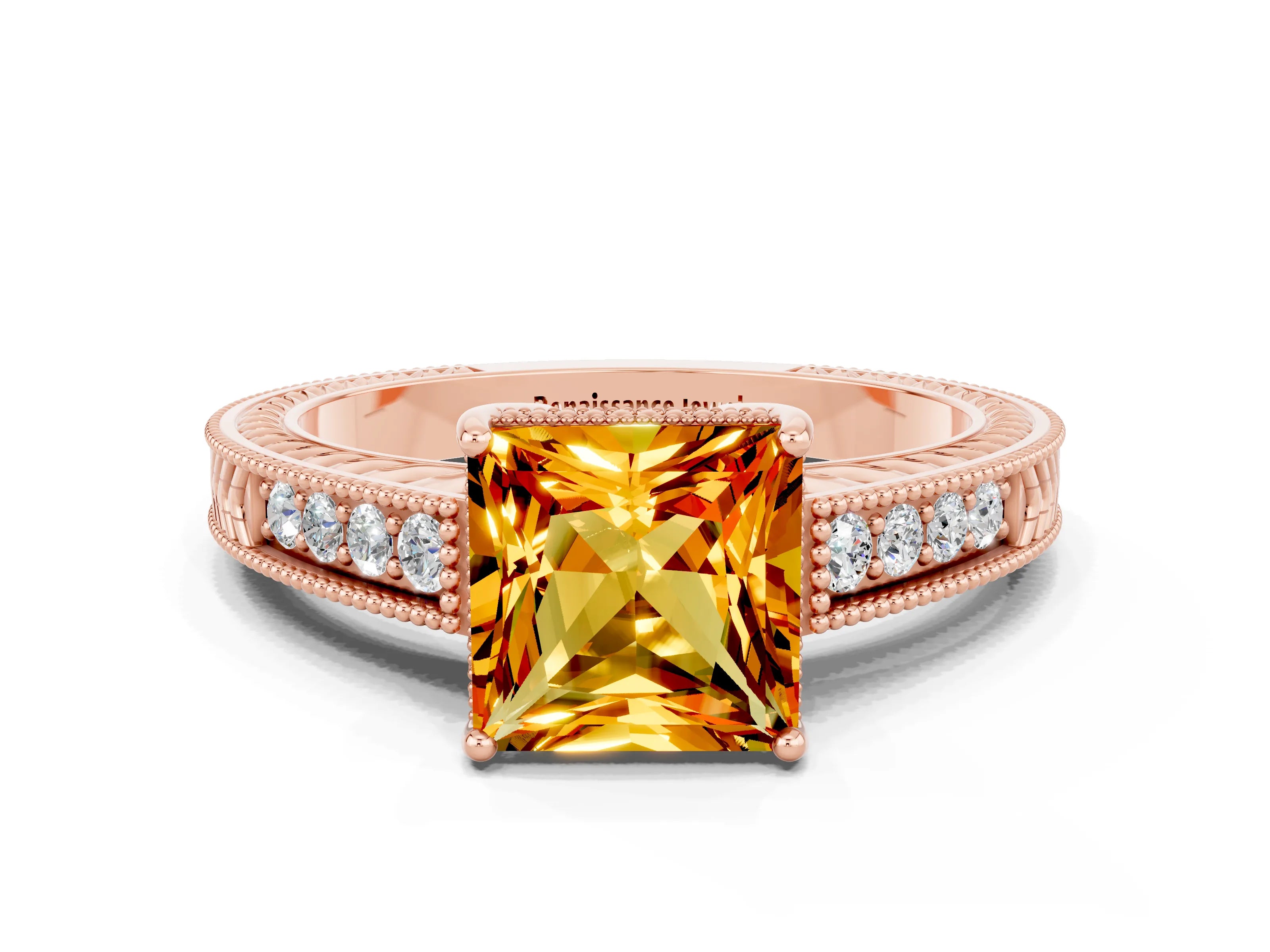 Rose gold Princess Cut Citrine Ring with Milgrain Pavé Band and Four-Prong Setting_12