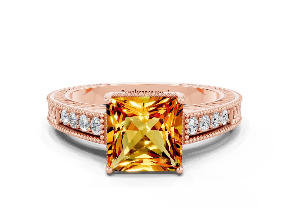 Rose gold Princess Cut Citrine Ring with Milgrain Pavé Band and Four-Prong Setting_12