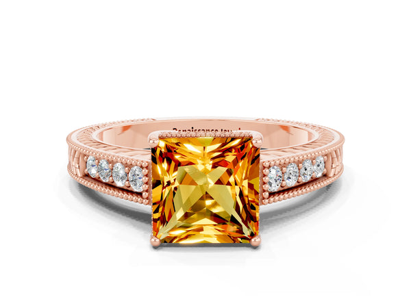 Rose gold Princess Cut Citrine Ring with Milgrain Pavé Band and Four-Prong Setting