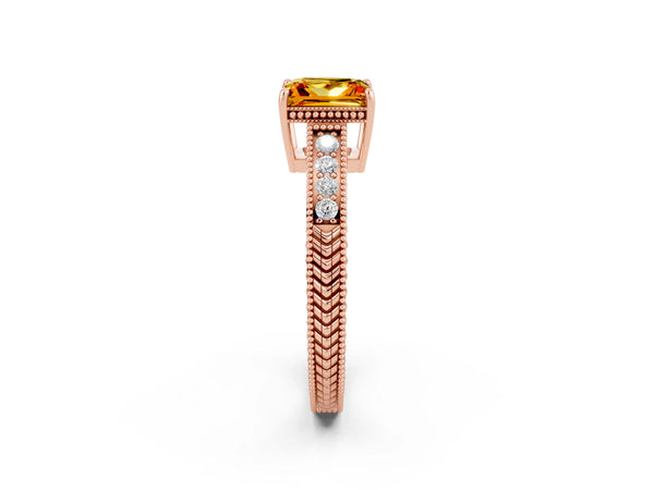 Rose gold Princess Cut Citrine Ring with Milgrain Pavé Band and Four-Prong Setting