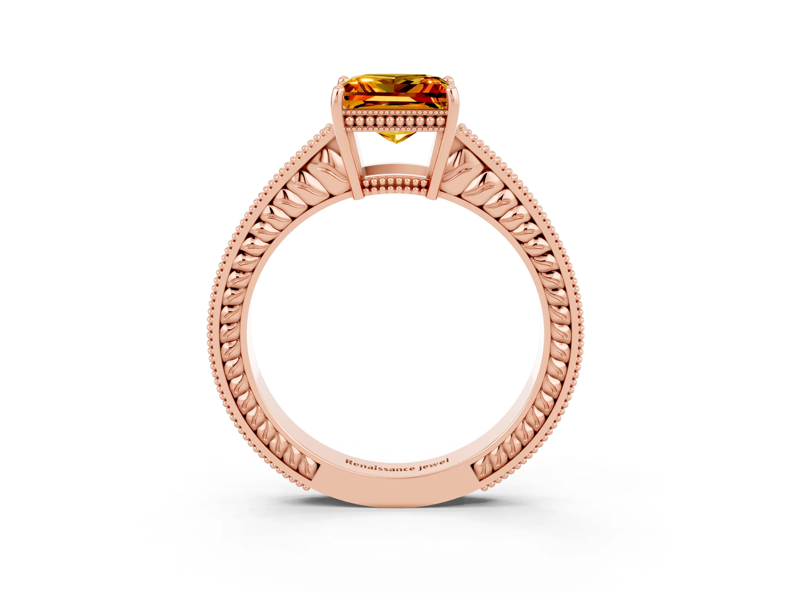 Rose gold Princess Cut Citrine Ring with Milgrain Pavé Band and Four-Prong Setting_15