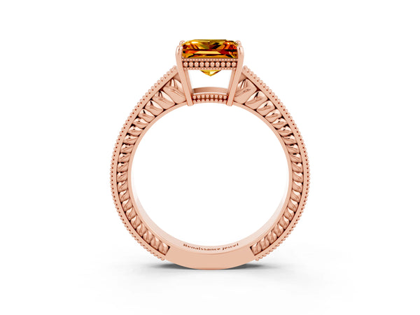 Rose gold Princess Cut Citrine Ring with Milgrain Pavé Band and Four-Prong Setting