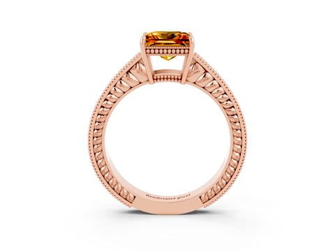 Rose gold Princess Cut Citrine Ring with Milgrain Pavé Band and Four-Prong Setting_15