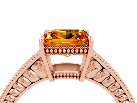 Rose gold Princess Cut Citrine Ring with Milgrain Pavé Band and Four-Prong Setting_16