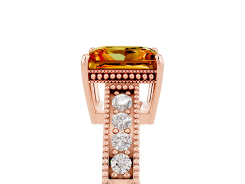 Rose gold Princess Cut Citrine Ring with Milgrain Pavé Band and Four-Prong Setting_17