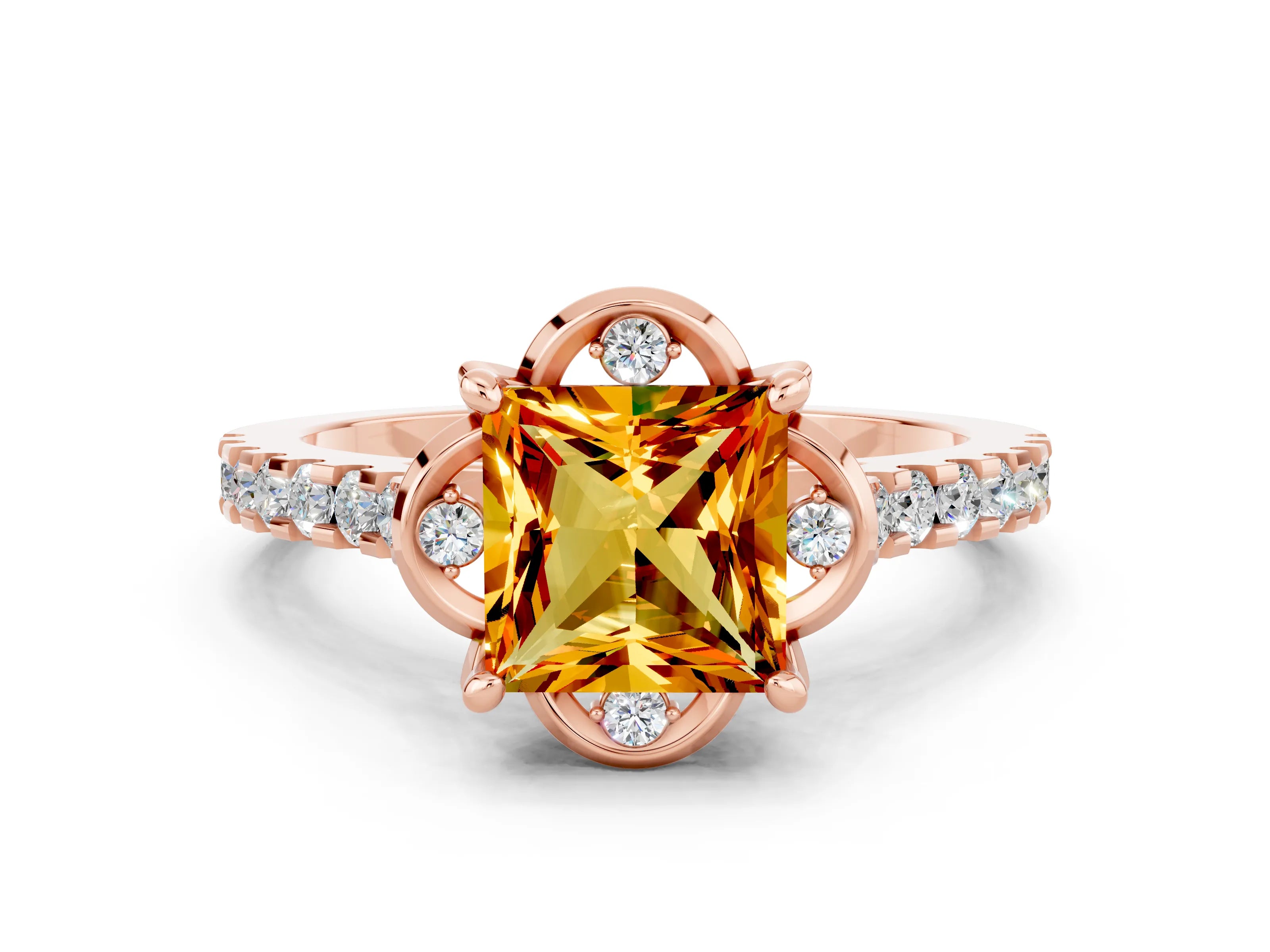 Rose gold Princess Cut Citrine Ring with Pavé Band and Floral Prong Setting