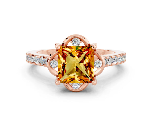 Rose gold Princess Cut Citrine Ring with Pavé Band and Floral Prong Setting
