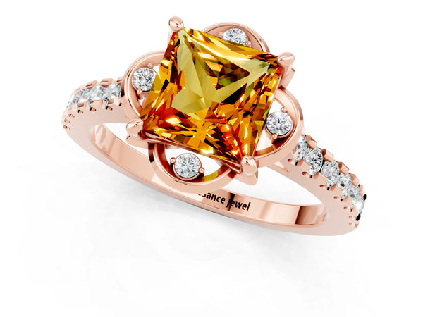 Rose gold Princess Cut Citrine Ring with Pavé Band and Floral Prong Setting