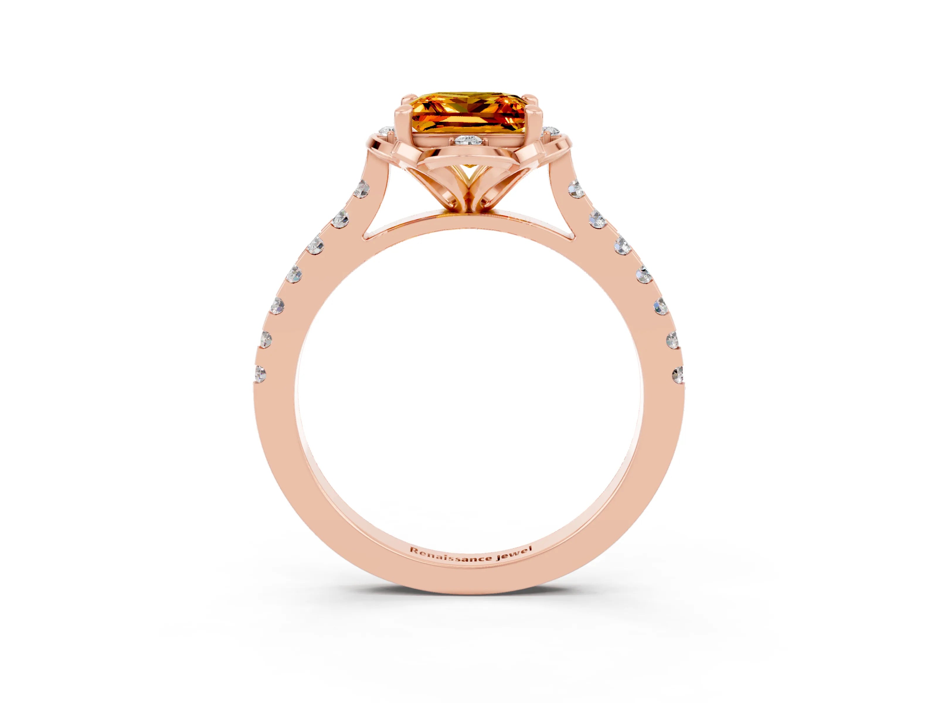 Rose gold Princess Cut Citrine Ring with Pavé Band and Floral Prong Setting_3