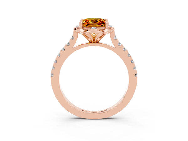 Rose gold Princess Cut Citrine Ring with Pavé Band and Floral Prong Setting