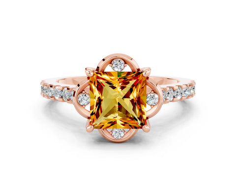 Rose gold Princess Cut Citrine Ring with Pavé Band and Floral Prong Setting