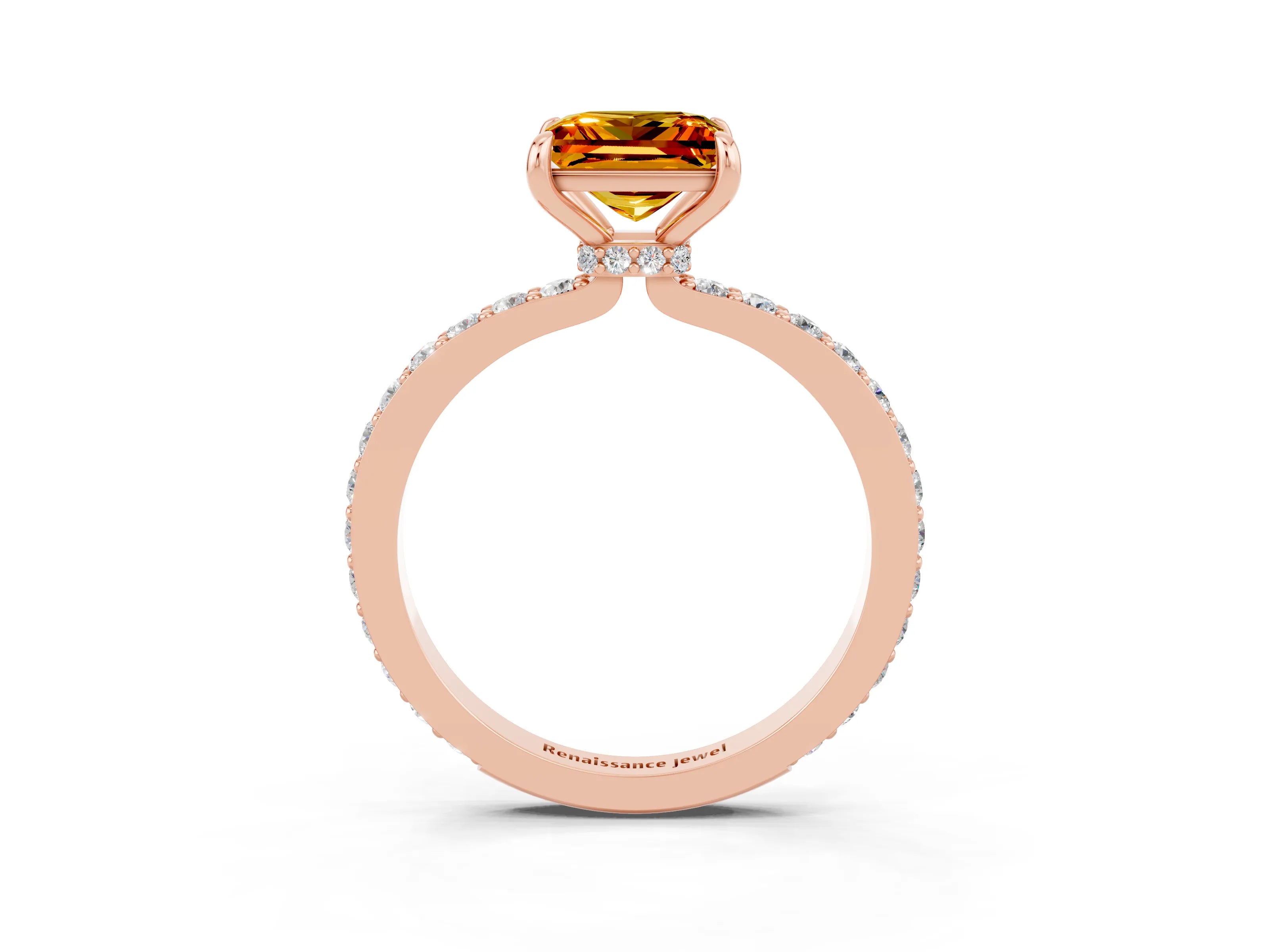Rose gold Princess Cut Citrine Ring with Pavé Band and Four-Prong Setting_3