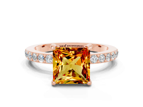 Rose gold Princess Cut Citrine Ring with Pavé Band and Four-Prong Setting
