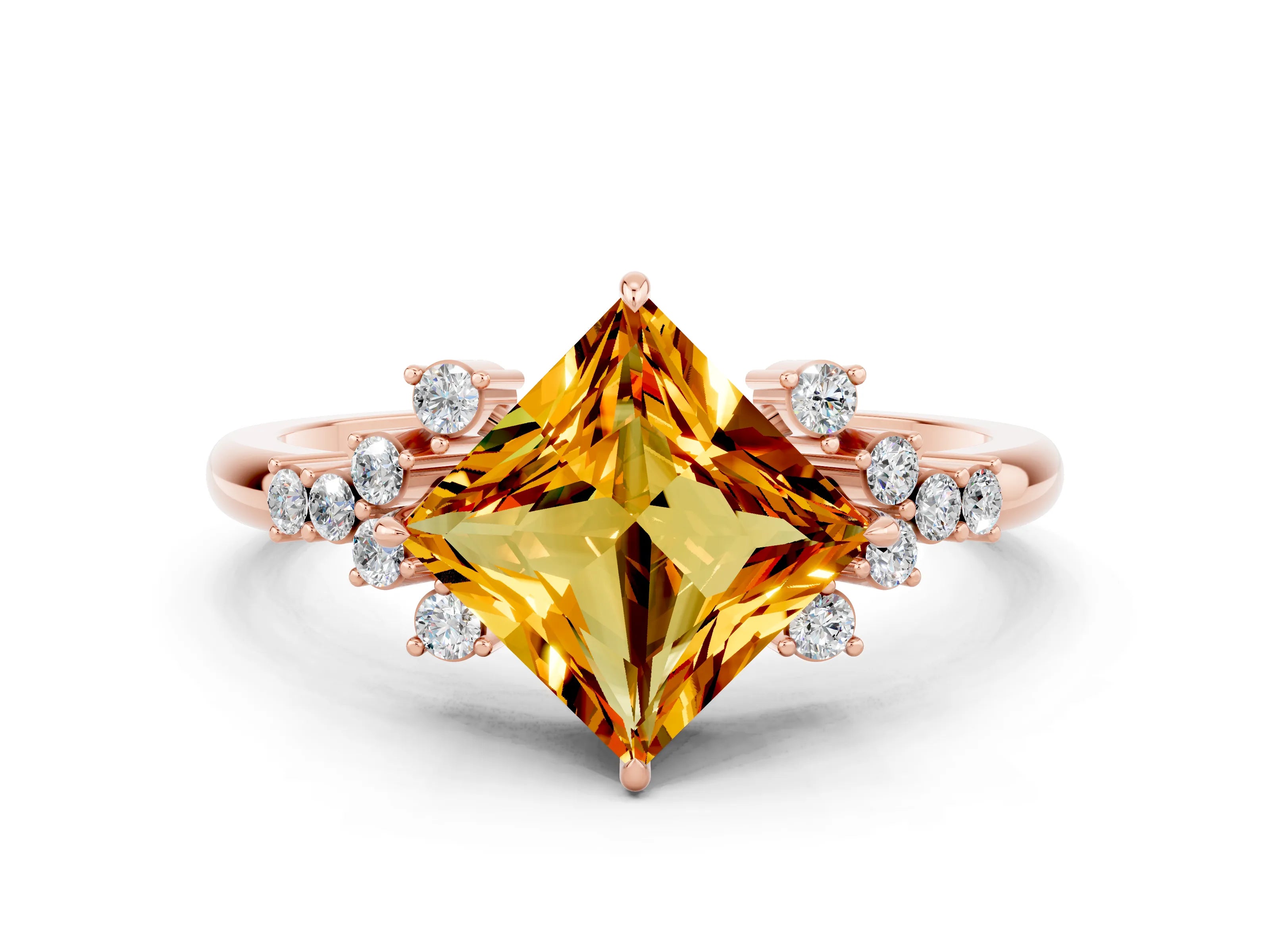 Rose gold Princess Cut Citrine Ring with Side Stones and Four-Prong Setting_36
