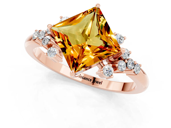Rose gold Princess Cut Citrine Ring with Side Stones and Four-Prong Setting
