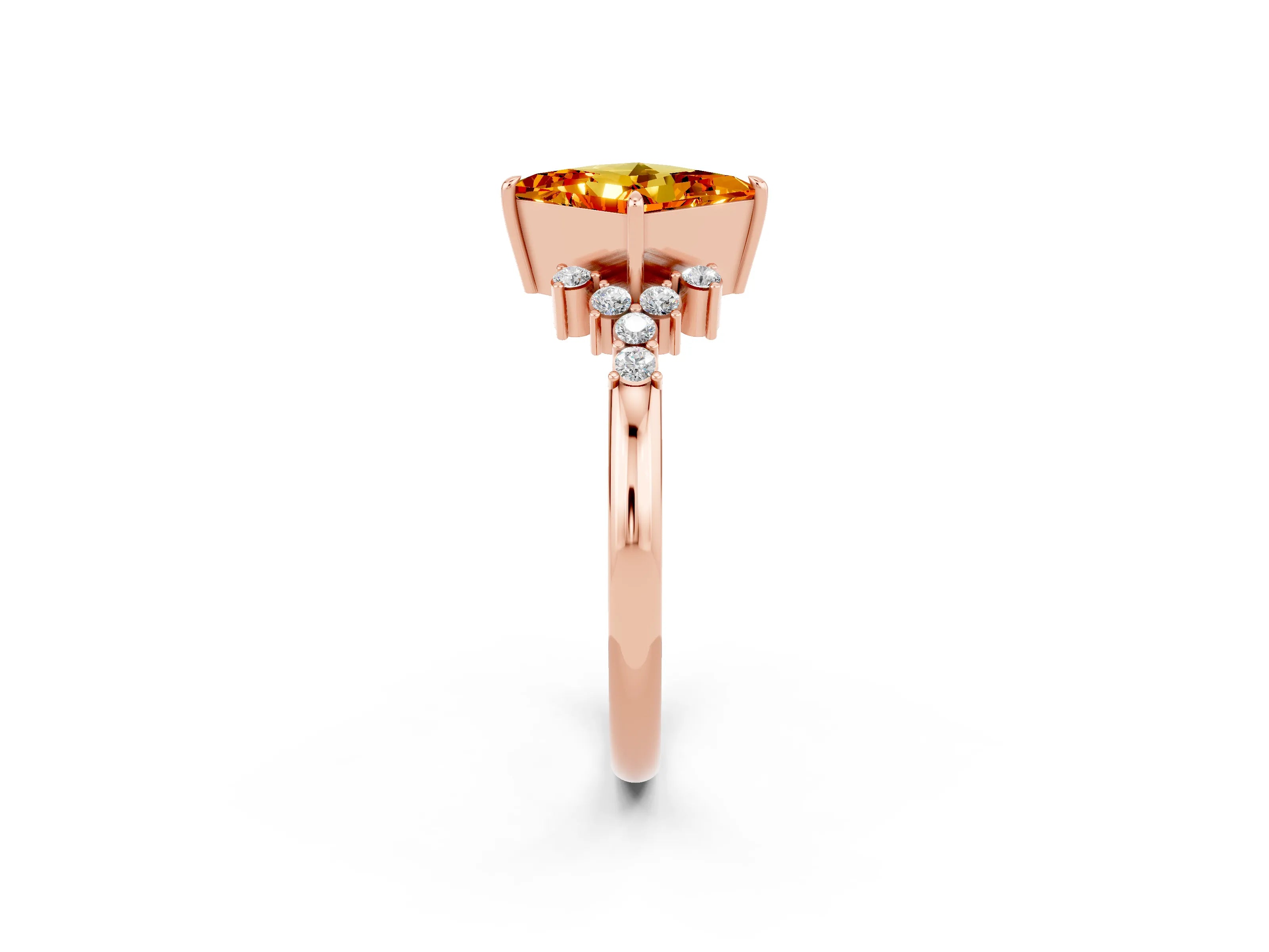Rose gold Princess Cut Citrine Ring with Side Stones and Four-Prong Setting_38