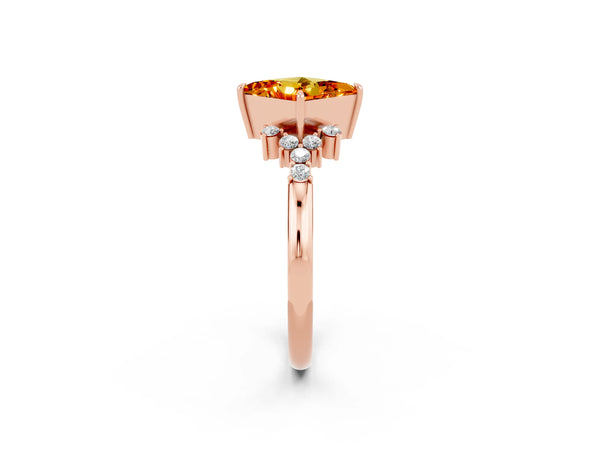 Rose gold Princess Cut Citrine Ring with Side Stones and Four-Prong Setting