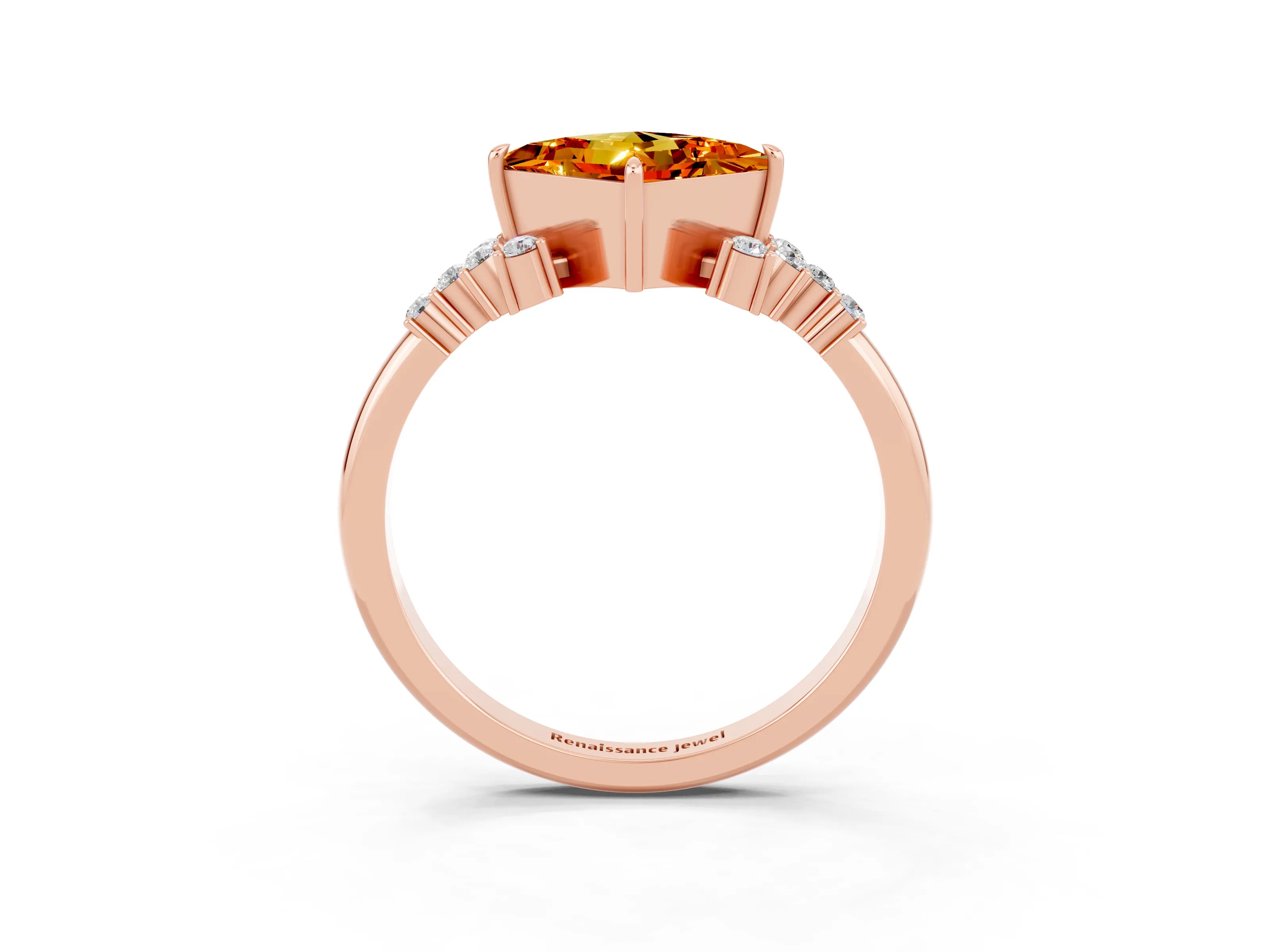 Rose gold Princess Cut Citrine Ring with Side Stones and Four-Prong Setting_39