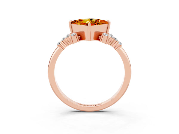 Rose gold Princess Cut Citrine Ring with Side Stones and Four-Prong Setting
