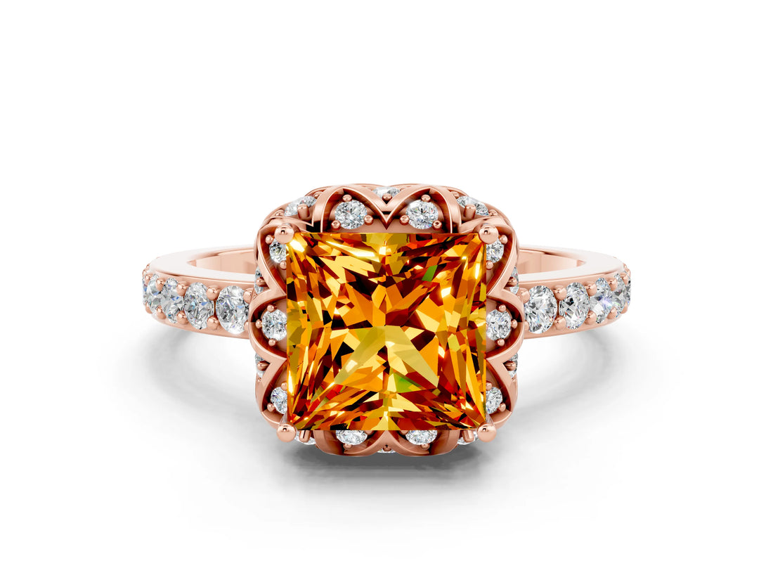 Rose gold Princess Cut Citrine Scalloped Halo Engagement Ring with Round Shared Prong Band_12
