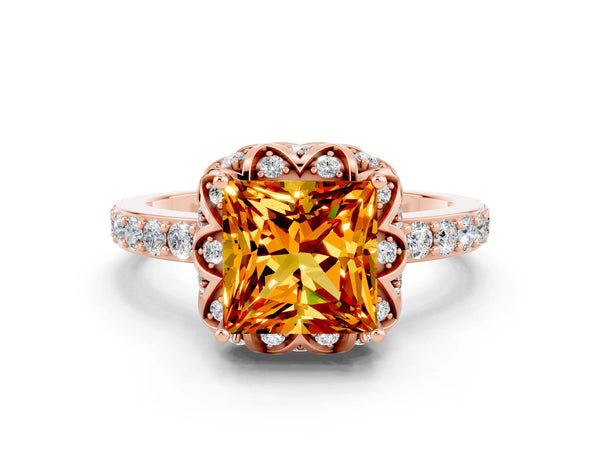Rose gold Princess Cut Citrine Scalloped Halo Engagement Ring with Round Shared Prong Band