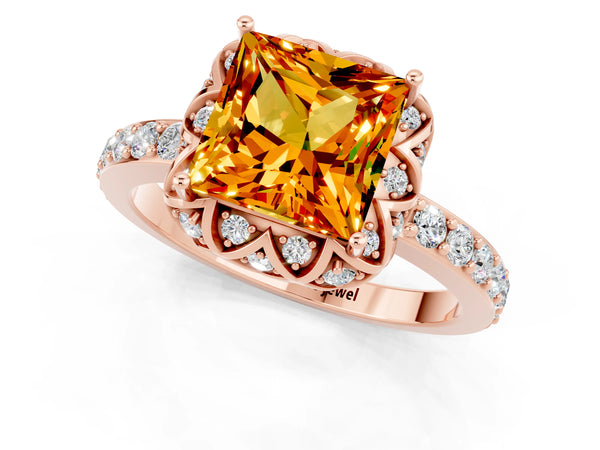 Rose gold Princess Cut Citrine Scalloped Halo Engagement Ring with Round Shared Prong Band