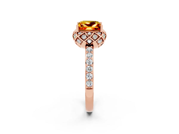 Rose gold Princess Cut Citrine Scalloped Halo Engagement Ring with Round Shared Prong Band