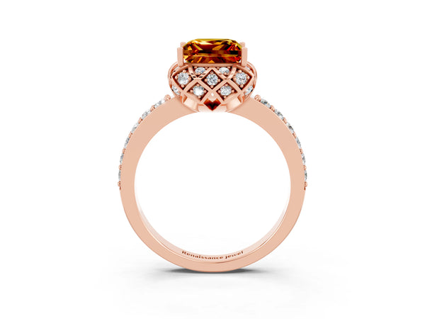 Rose gold Princess Cut Citrine Scalloped Halo Engagement Ring with Round Shared Prong Band