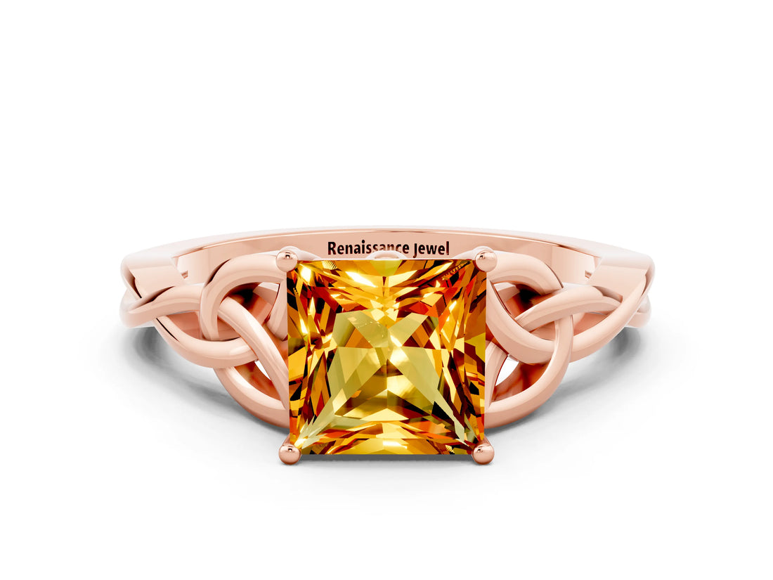 Rose gold Princess Cut Citrine Solitaire Celtic Knot Ring with Four-Prong Setting_12