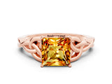 Rose gold Princess Cut Citrine Solitaire Celtic Knot Ring with Four-Prong Setting_12