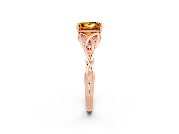 Rose gold Princess Cut Citrine Solitaire Celtic Knot Ring with Four-Prong Setting