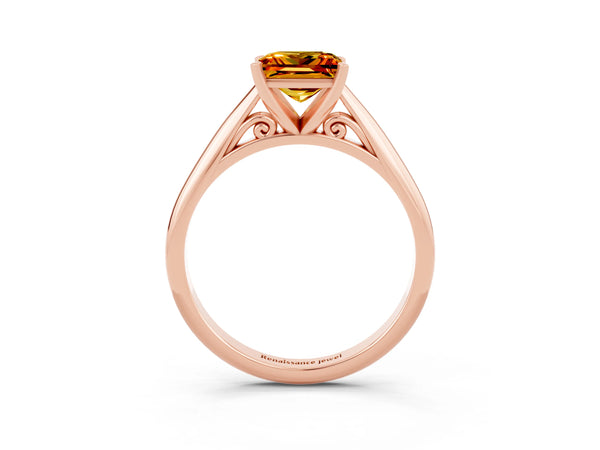 Rose gold Princess Cut Citrine Solitaire Engagement Ring with Cathedral Setting and Four-Prong Mount