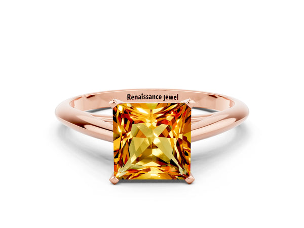 Rose gold Princess Cut Citrine Solitaire Engagement Ring with Cathedral Setting and Four-Prong Mount