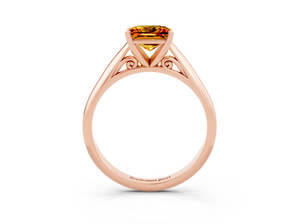 Rose gold Princess Cut Citrine Solitaire Engagement Ring with Cathedral Setting and Four-Prong Mount
