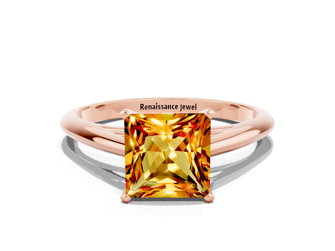 Rose gold Princess Cut Citrine Solitaire Engagement Ring with Cathedral Setting and Four-Prong Mount_66