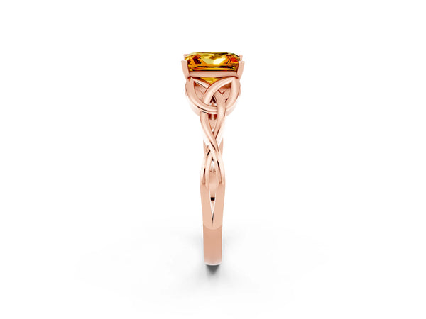 Rose gold Princess Cut Citrine Solitaire Engagement Ring with Celtic Knot Band and Four-Prong Setting