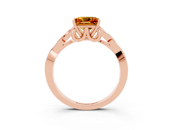 Rose gold Princess Cut Citrine Solitaire Engagement Ring with Celtic Knot Band and Four-Prong Setting