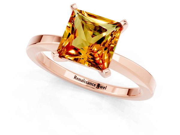 Rose gold Princess Cut Citrine Solitaire Engagement Ring with Classic Band and Four-Prong Setting