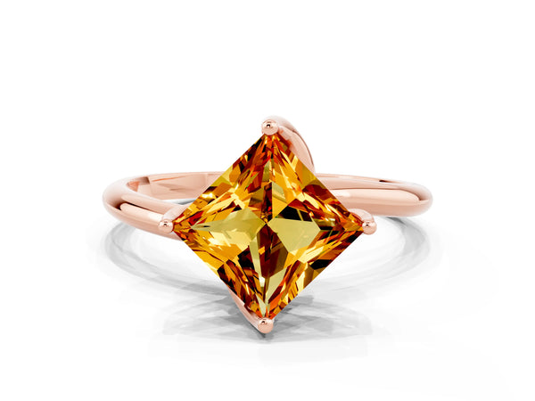 Rose gold Princess Cut Citrine Solitaire Engagement Ring with Four-Prong Setting and Classic Band