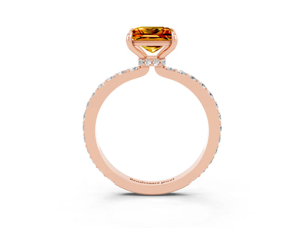 Rose gold Princess Cut Citrine Solitaire Engagement Ring with Pavé Band and Four-Prong Setting