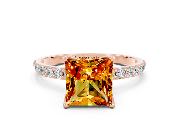 Rose gold Princess Cut Citrine Solitaire Engagement Ring with Round  Pavé Band and Prong Setting
