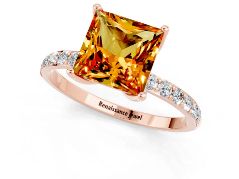 Rose gold Princess Cut Citrine Solitaire Engagement Ring with Pavé Band and Prong Setting_1