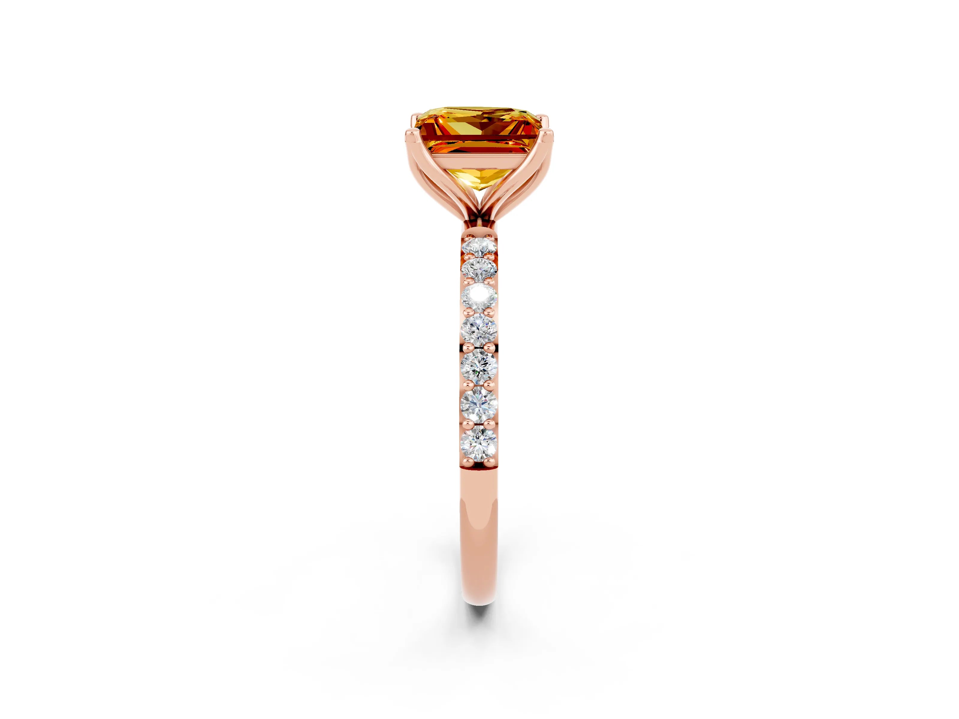Rose gold Princess Cut Citrine Solitaire Engagement Ring with Pavé Band and Prong Setting_2