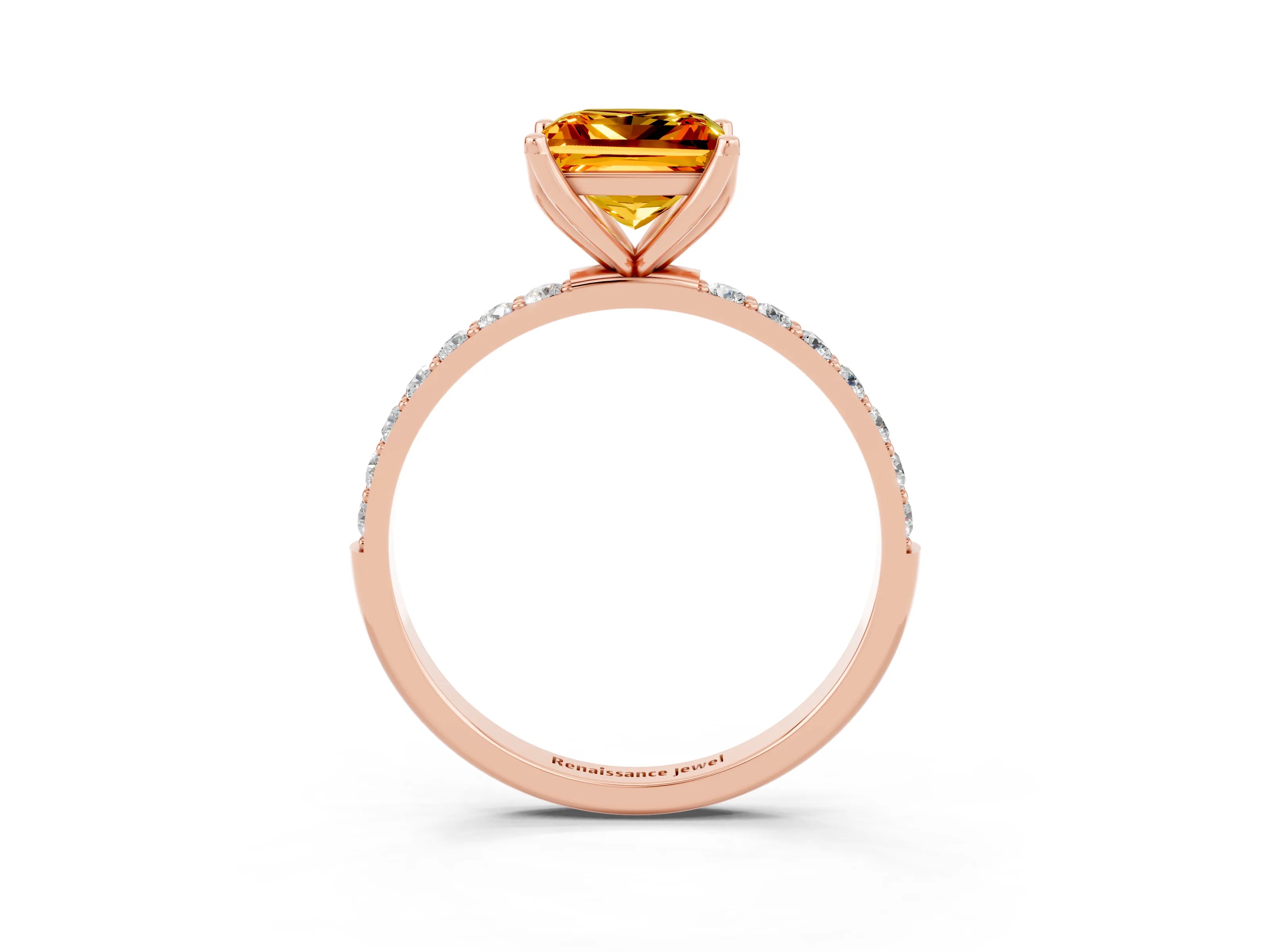 Rose gold Princess Cut Citrine Solitaire Engagement Ring with Pavé Band and Prong Setting_3