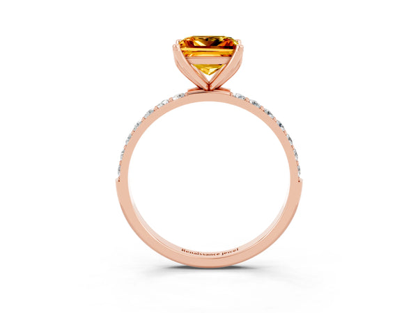 Rose gold Princess Cut Citrine Solitaire Engagement Ring with Round  Pavé Band and Prong Setting
