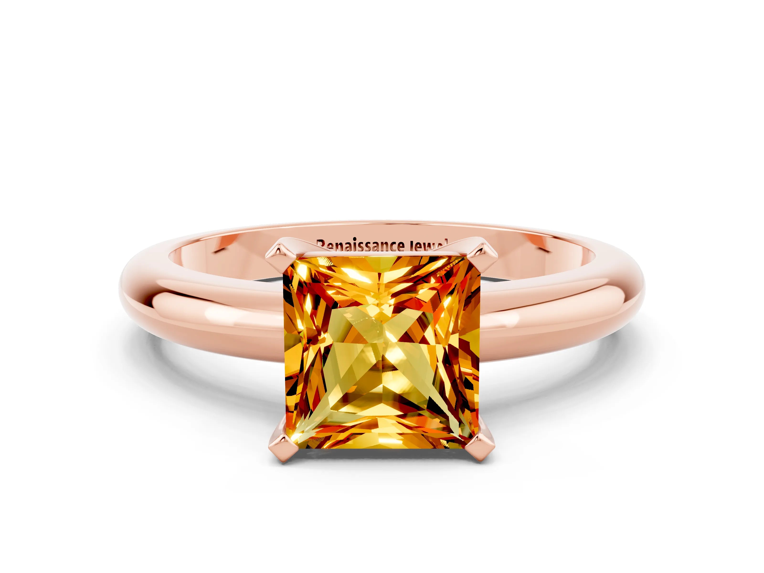 Rose gold Princess Cut Citrine Solitaire Engagement Ring with Round Band and Four-Prong Setting